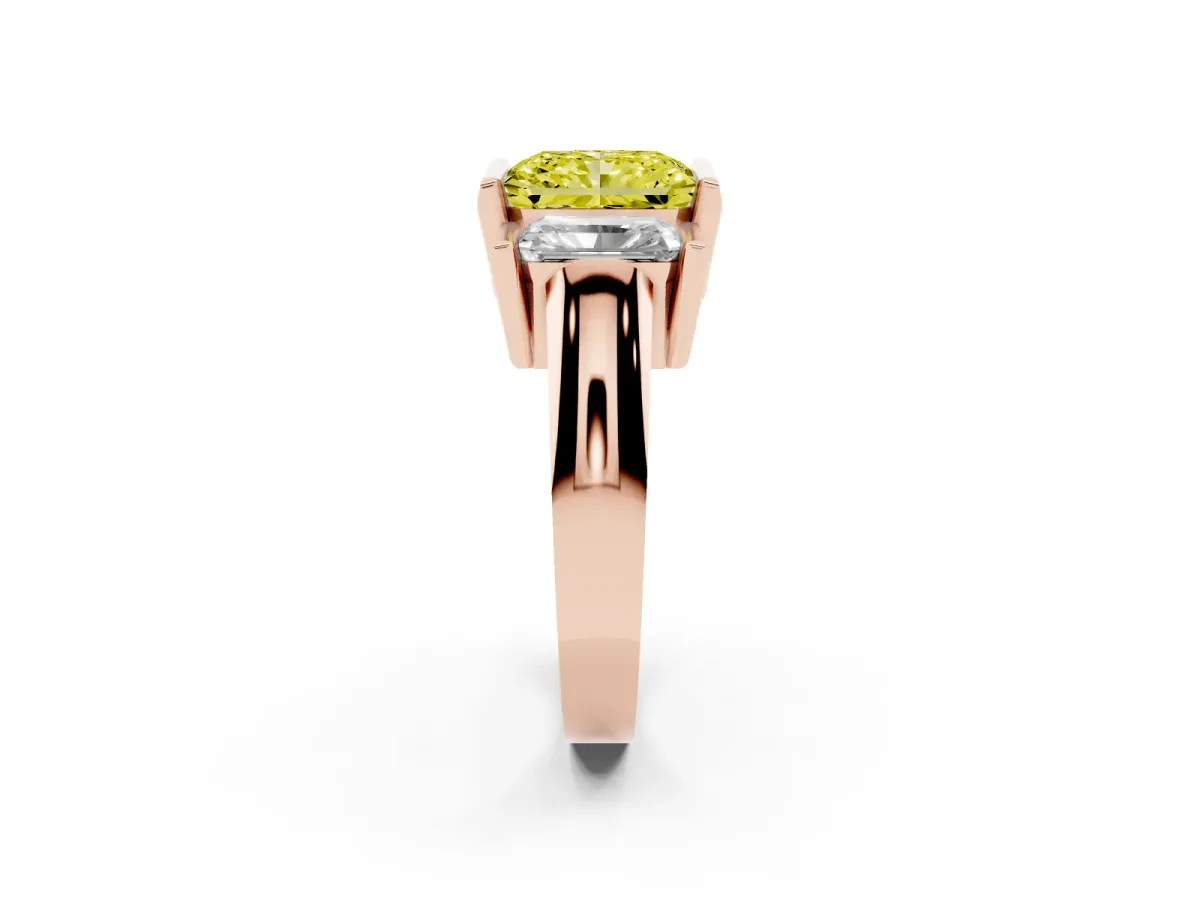 Fancy Yellow Three Stone Radiant Cut Cut Channel Set Diamond Ring Rose gold