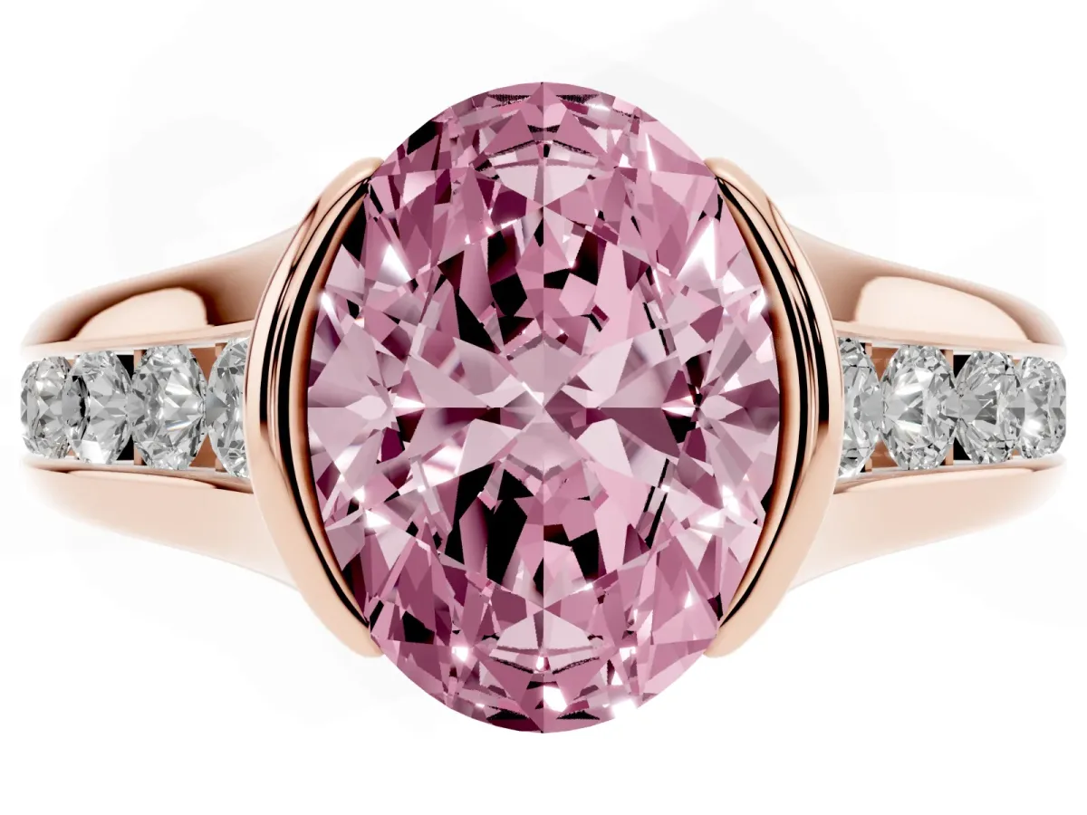 Fancy Pink Oval Cut Solitaire Bezel-Set Diamond Ring with Channel-Set Band Rose gold