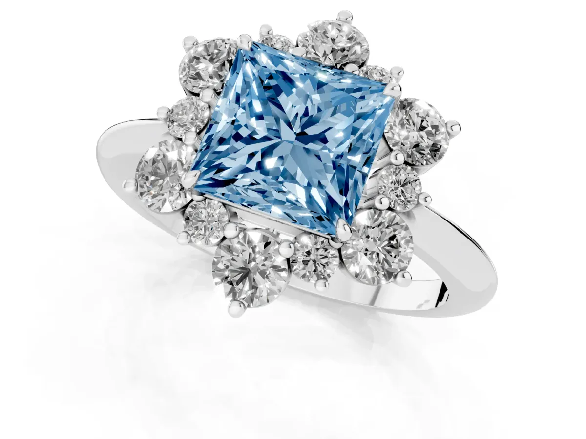 Fancy Blue Princess Cut Diamond Cluster Halo Ring with Solitaire Band and Four-Prong Setting White gold