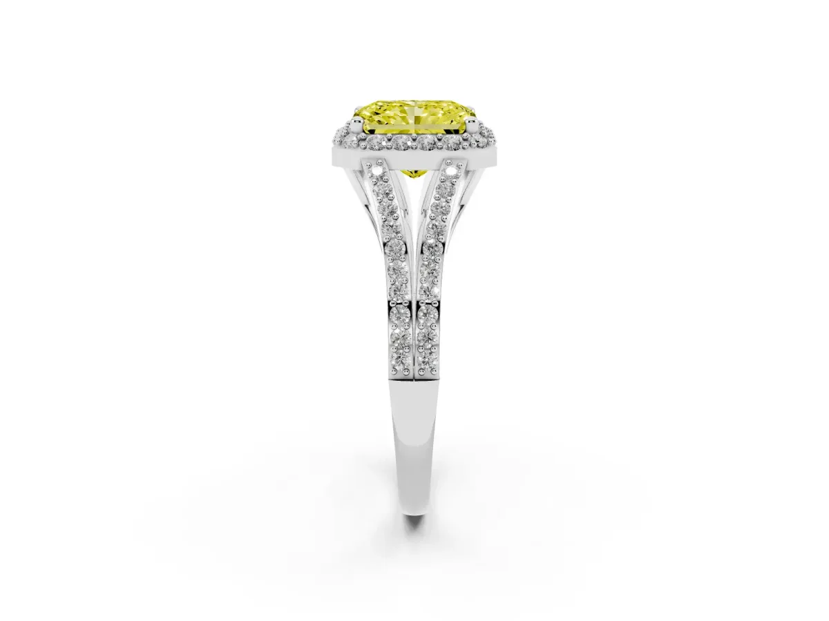 Fancy Yellow Radiant Cut Halo Split Shank Diamond Ring with Prong Setting Silver