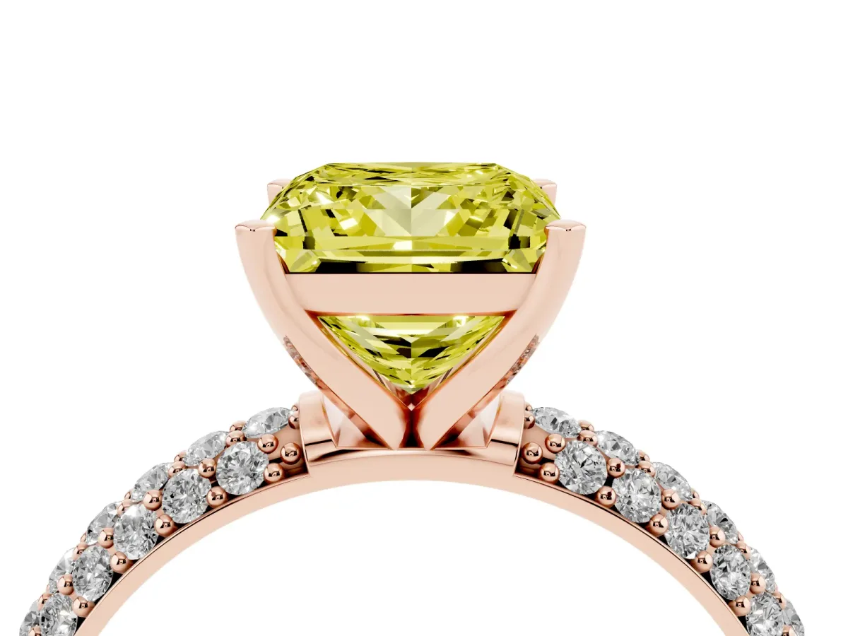Fancy Yellow Princess Cut Diamond Solitaire Ring with Prong Setting and Pavé Band Rose gold
