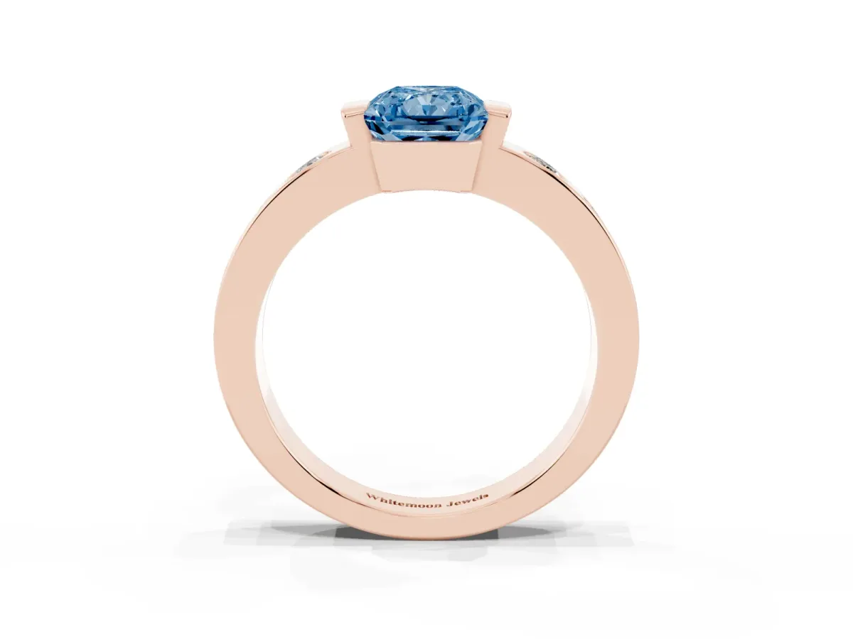 Fancy Blue Radiant Cut Brilliant Channel-Set Diamond Ring with Bezel Prong Setting Rose gold