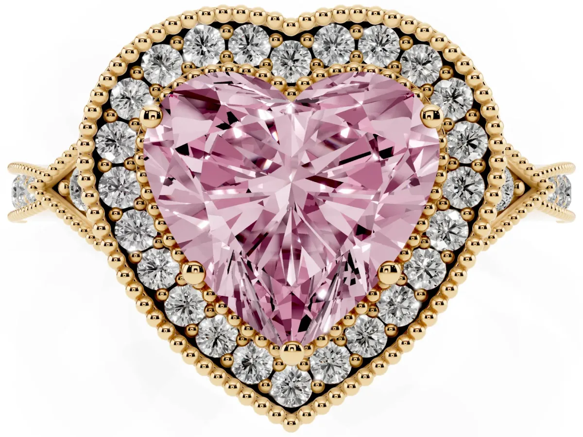 Fancy Pink Heart Cut Halo Round Diamond Milgrain Pave Engagement Ring Yellow gold