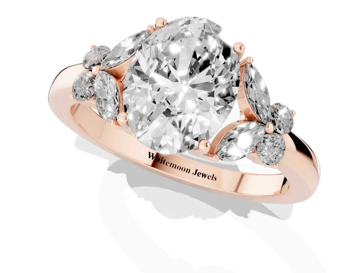Oval Cut Cut Solitaire Floral Diamond Ring with Four-Prong Setting Rose gold