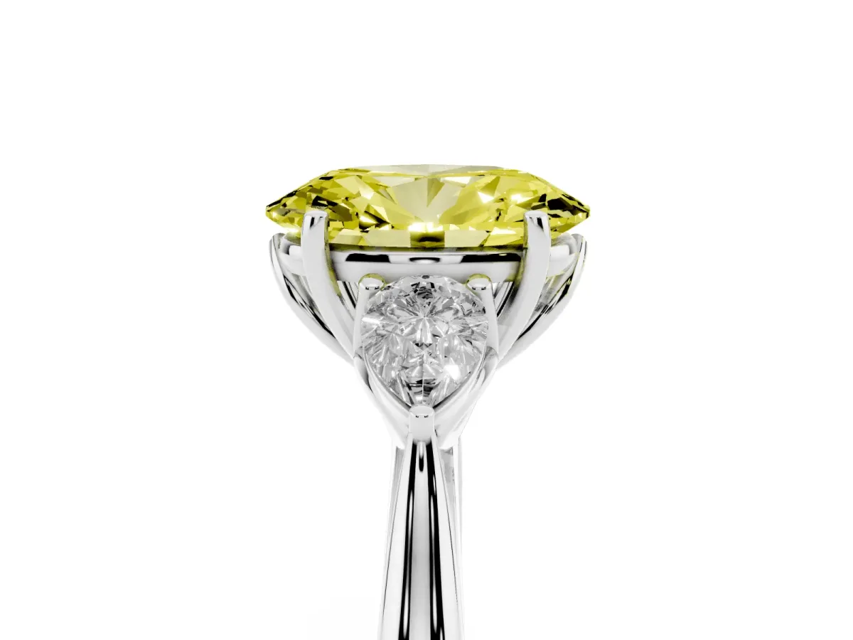 Fancy Yellow Oval Cut Diamond Three-Stone Ring with Pear Side Stones and Prong Setting Silver