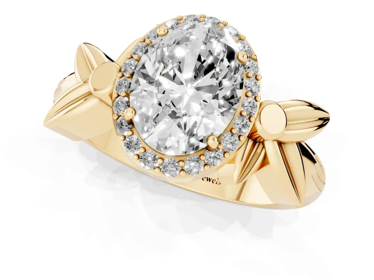 Oval Cut Halo Diamond Floral Band with Four-Prong Setting Yellow gold