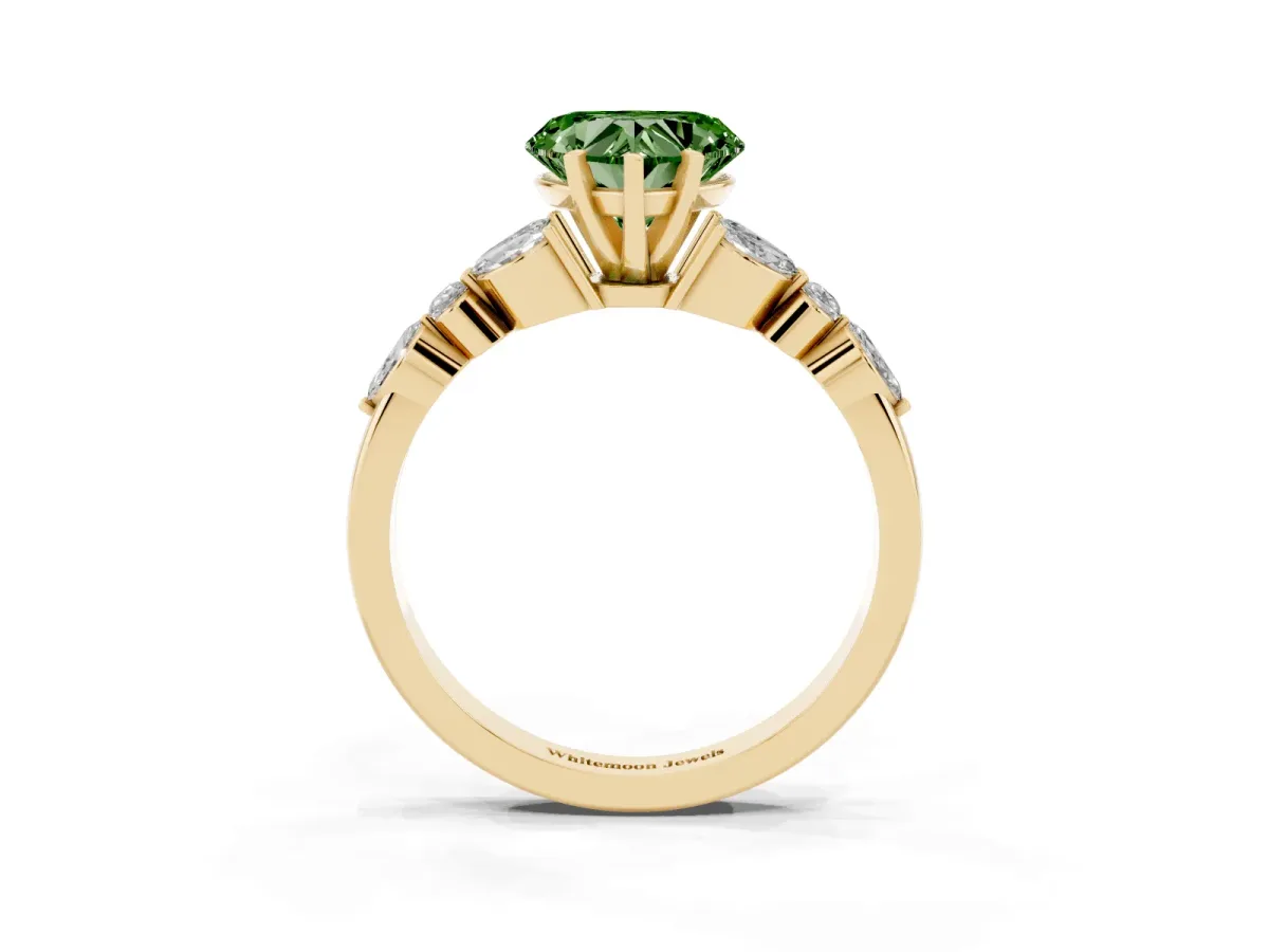 Fancy Green Heart Cut Diamond Solitaire Ring with Side Stones and Four-Prong Setting Yellow gold