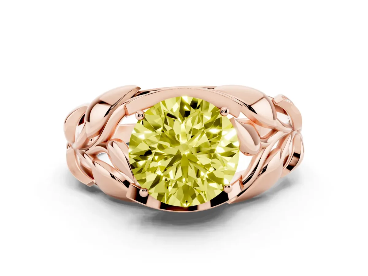 Fancy Yellow Round Cut Diamond Leaf-Inspired Engagement Ring with Round Accents and Prong Setting Rose gold