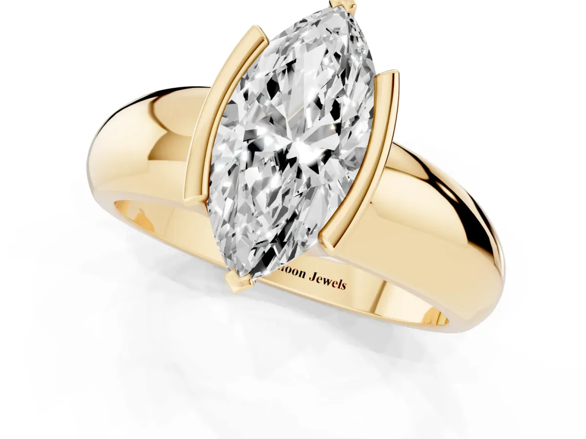 Marquise Cut Solitaire Tension Set Diamond Ring with Wide Band Yellow gold