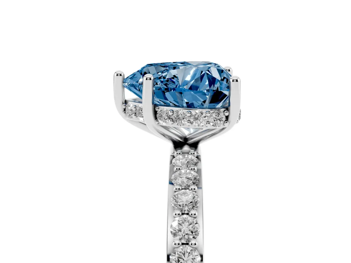 Fancy Blue Heart Cut Diamond Solitaire Ring with Pavé Band and Hidden Halo Platinum