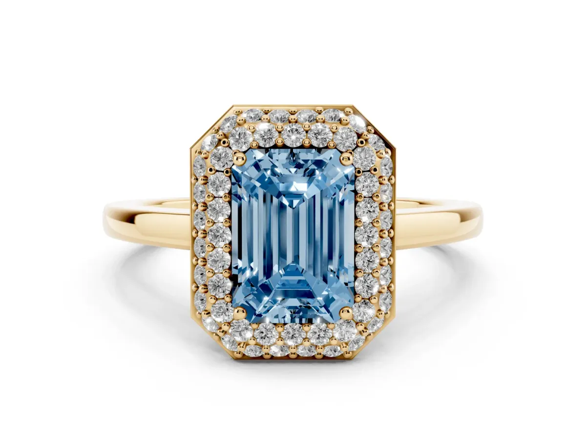 Fancy Blue Emerald Cut Halo Diamond Engagement Ring with Solitaire Band and Four-Prong Setting Yellow gold