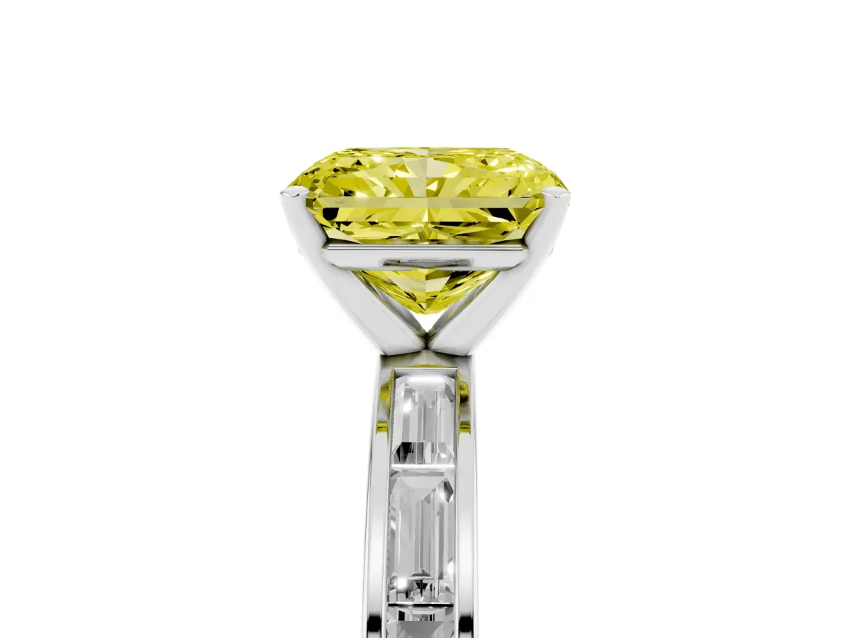 Fancy Yellow Radiant Cut Solitaire Diamond Ring with Channel-Set Baguette Band and Four-Prong Setting Platinum