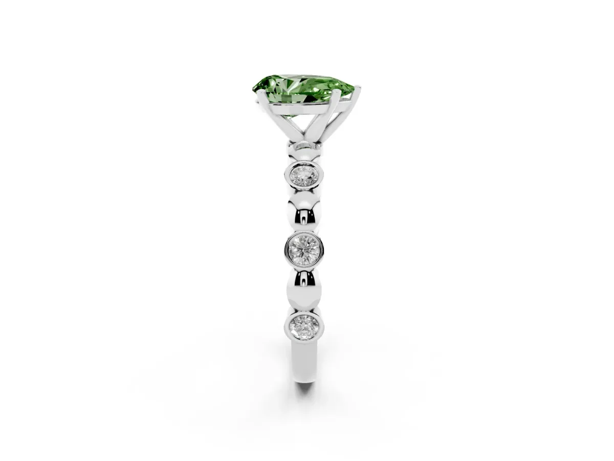 Fancy Green Pear Cut Solitaire Bezel-Set Diamond Ring with Beaded Band and Four-Prong Setting Silver