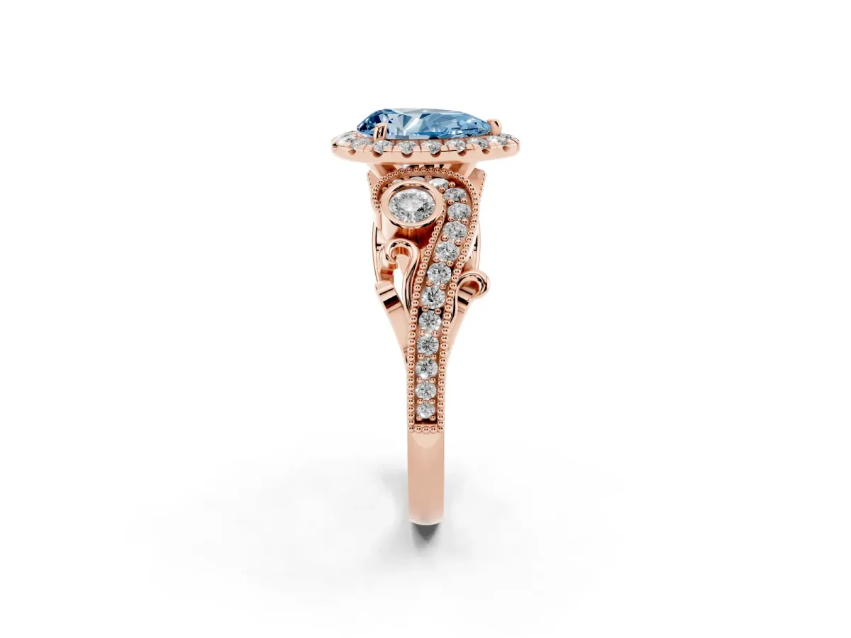 Fancy Blue Pear Cut Diamond Halo Ring with Milgrain Pavé Band and Four-Prong Setting Rose gold
