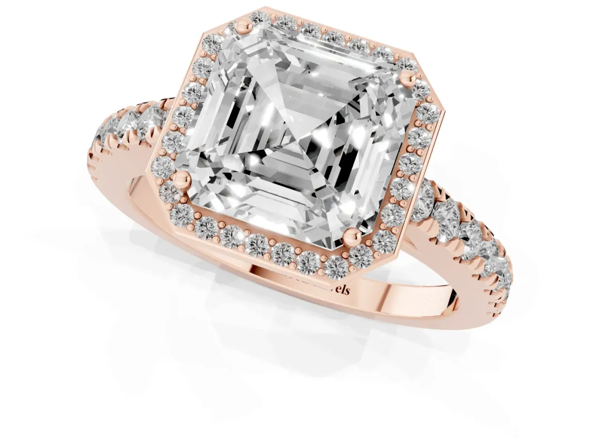 Asscher Cut Cut Halo Diamond Engagement Ring with Pave Band and Four-Prong Setting Rose gold