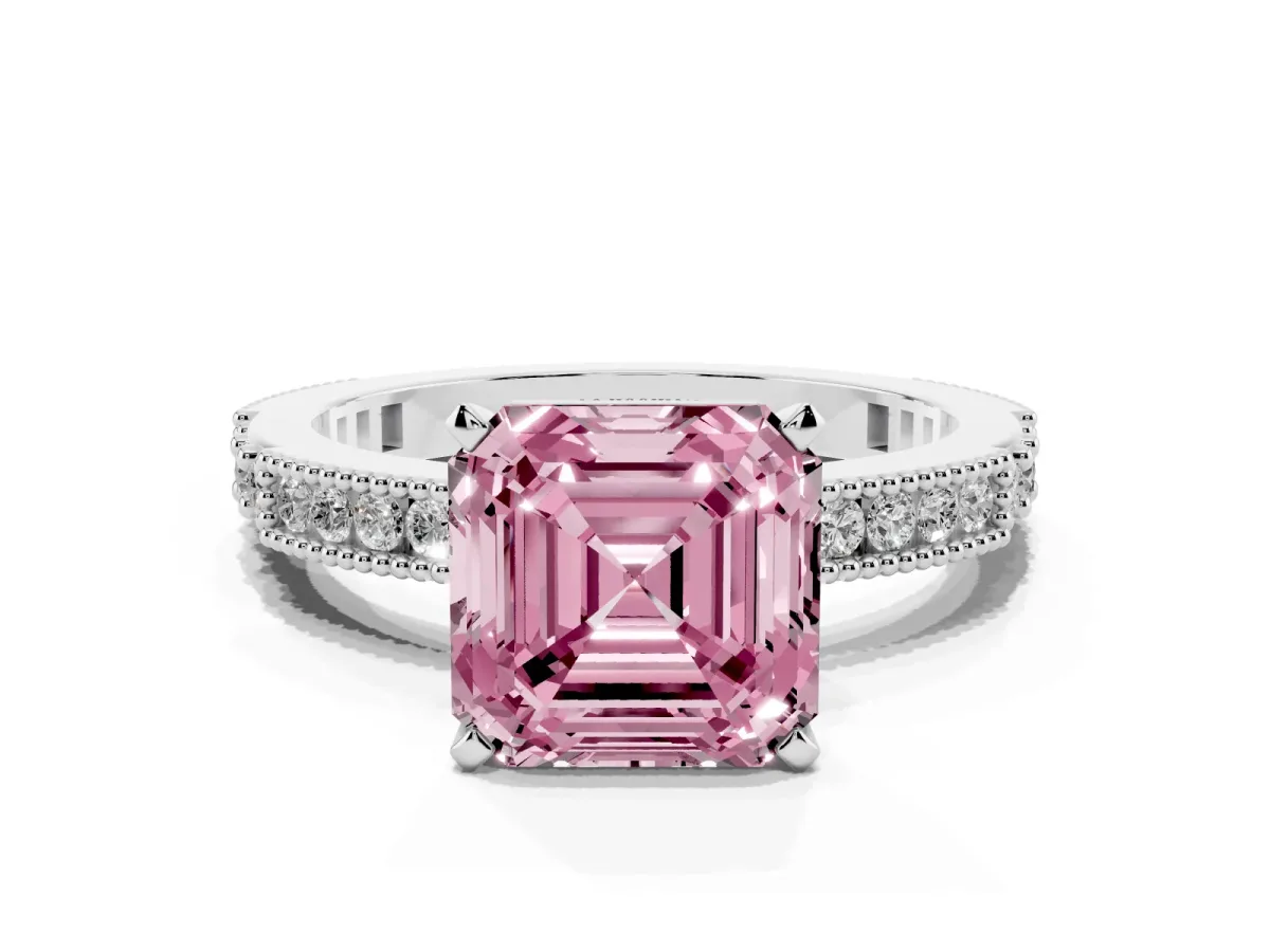 Fancy Pink Asscher Cut Solitaire with Pavé Band and Four-Prong Setting Silver