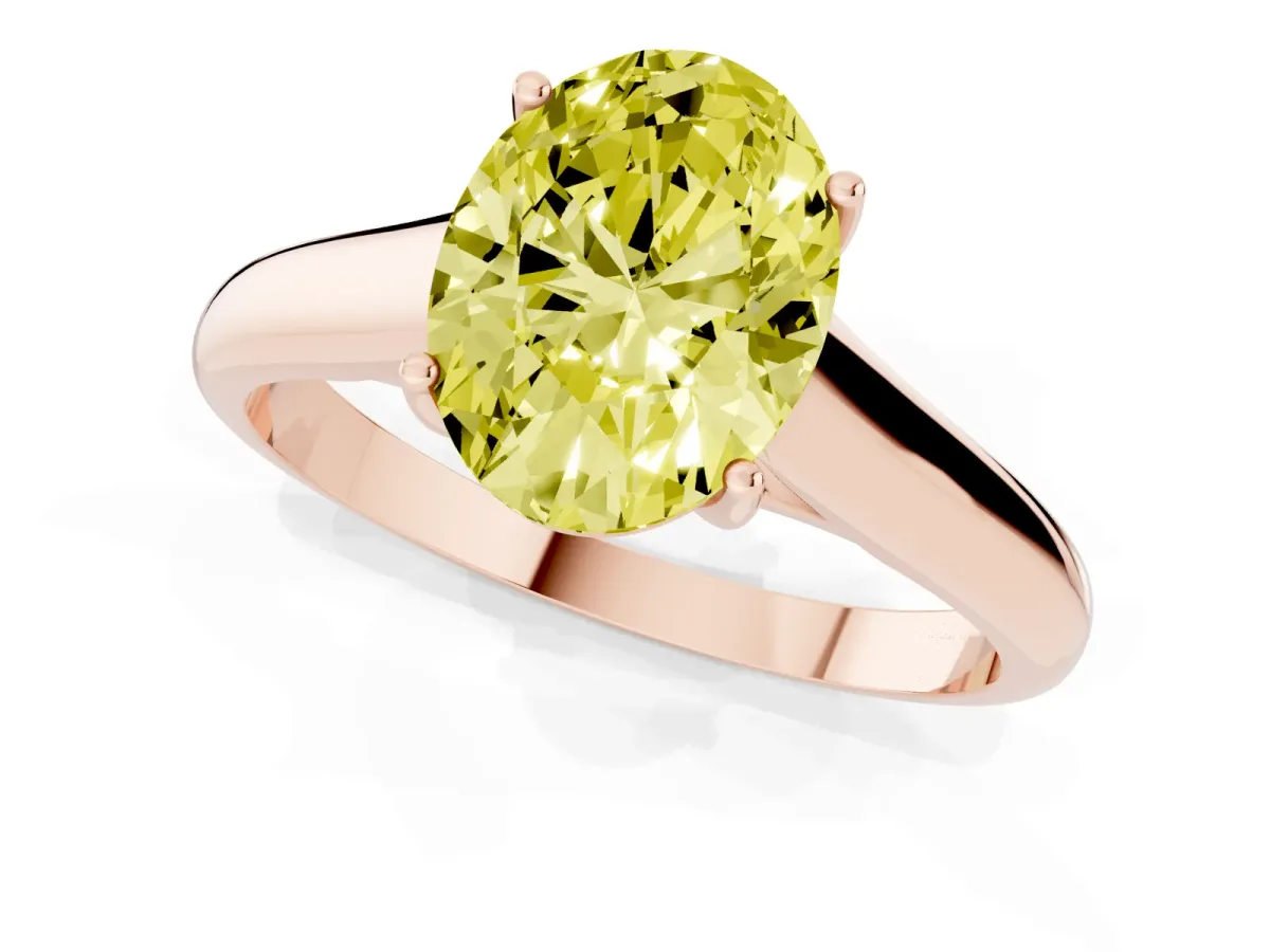 Fancy Yellow Oval Cut Solitaire Engagement Ring with Tapered Band and Four-Prong Setting Rose gold