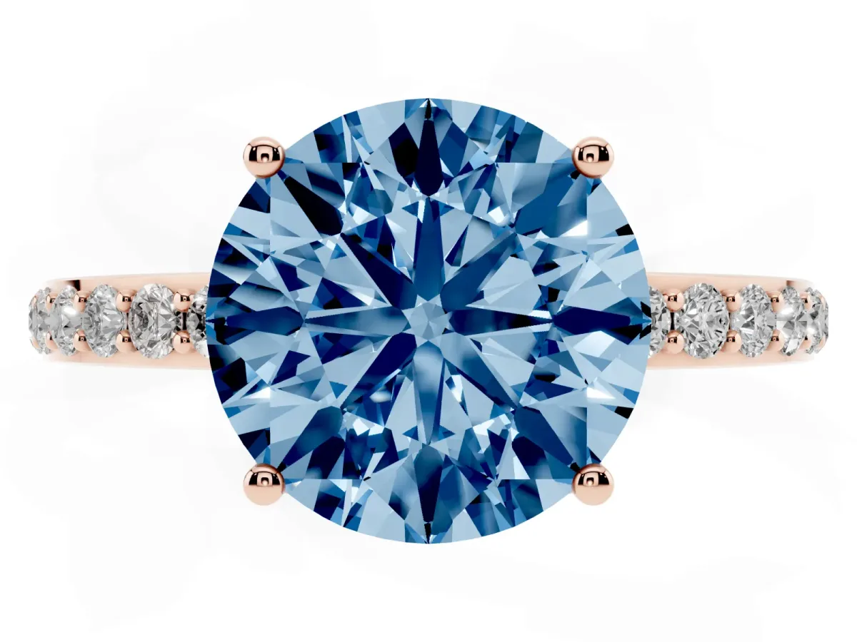 Fancy Blue Round Cut Diamond Solitaire Ring with Pavé Band and Hidden Halo Rose gold