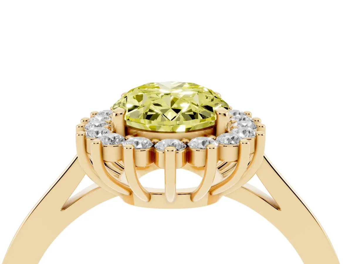 Fancy Yellow Oval Cut Cut Diamond Halo Ring with Round Brilliant Halo and Solitaire Band Yellow gold