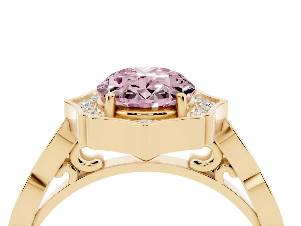 Fancy Pink Oval Cut Halo Diamond Engagement Ring with Milgrain Band and Four-Prong Setting Yellow gold
