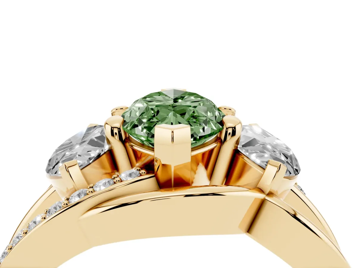 Fancy Green Three-Stone Marquise Cut Cut Diamond Split Shank Prong Set Ring Yellow gold
