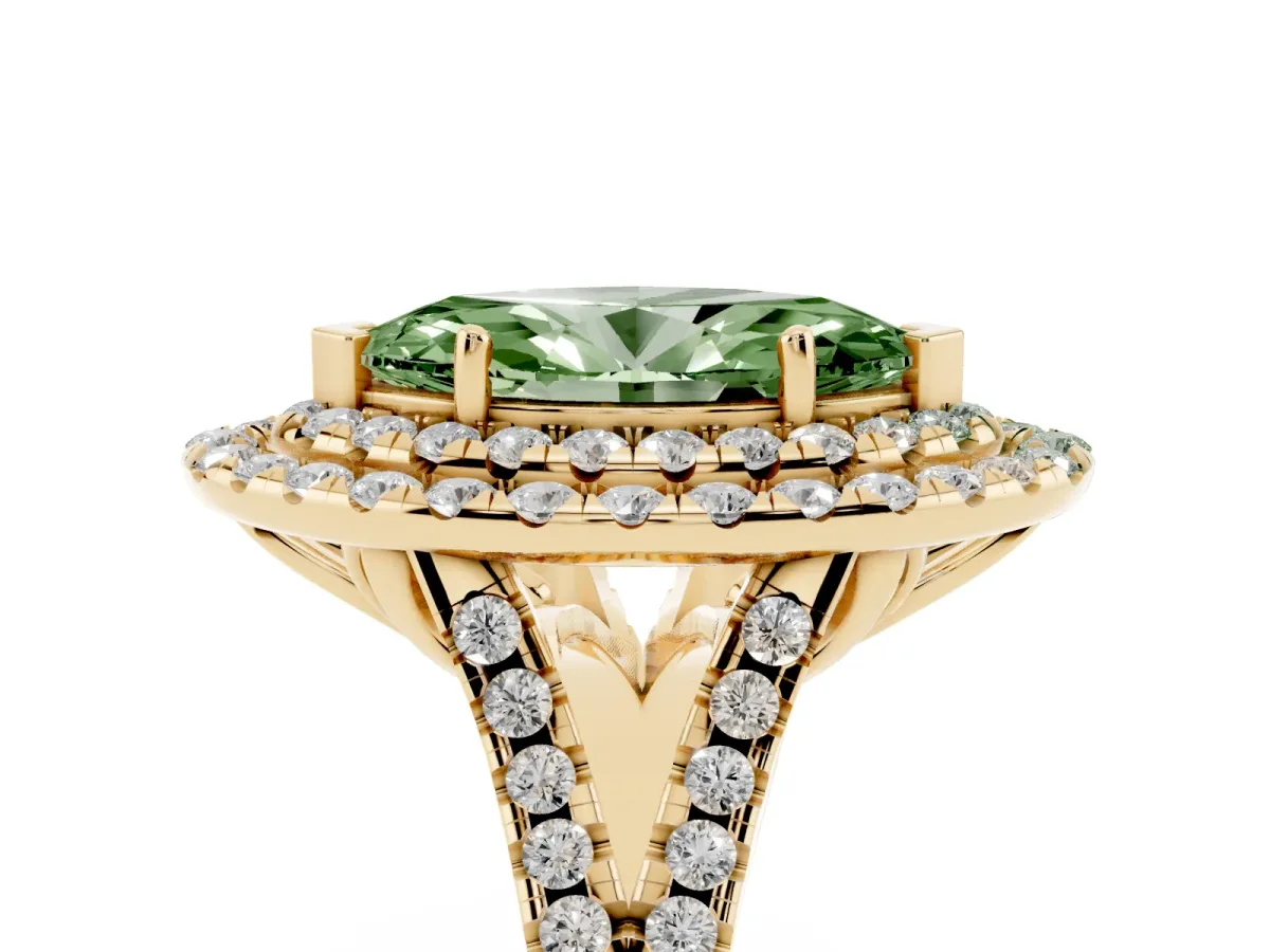 Fancy Green Double Halo Marquise Cut Diamond Pavé Split Shank Ring with Prong Setting Yellow gold
