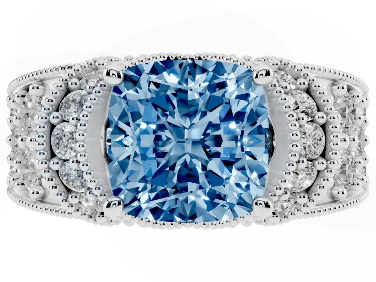 Fancy Blue Cushion Cut Halo Pave Diamond Engagement Ring with Milgrain Detailing Platinum