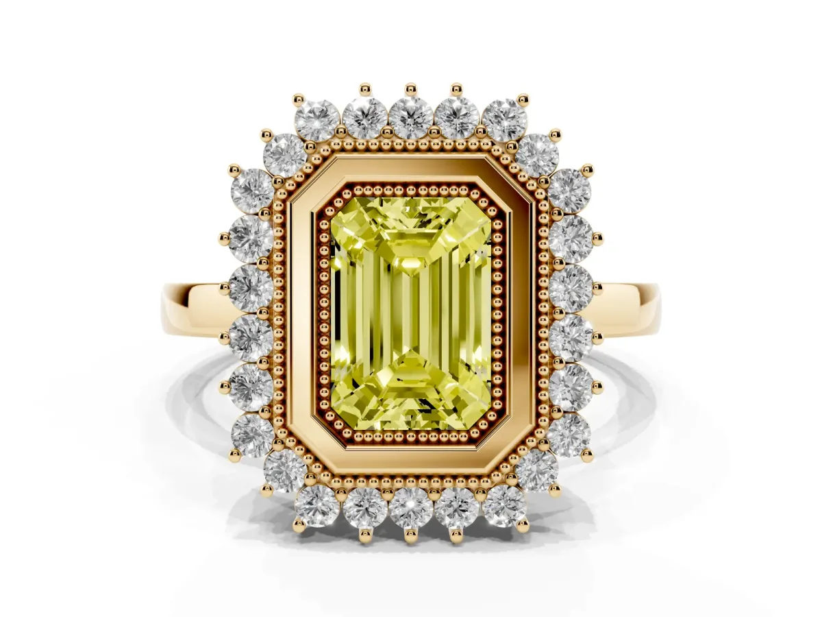 Fancy Yellow Emerald Cut Halo Diamond Ring with Milgrain Edge and Round Prong Setting Yellow gold