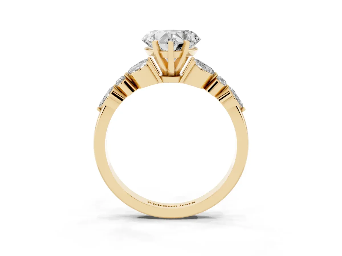 Heart Cut Diamond Solitaire Ring with Side Stones and Four-Prong Setting Yellow gold