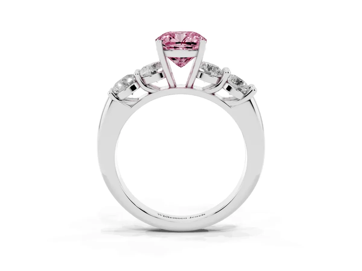 Fancy Pink Cushion Cut Cut Five-Stone Prong Set Diamond Ring with Classic Band Silver