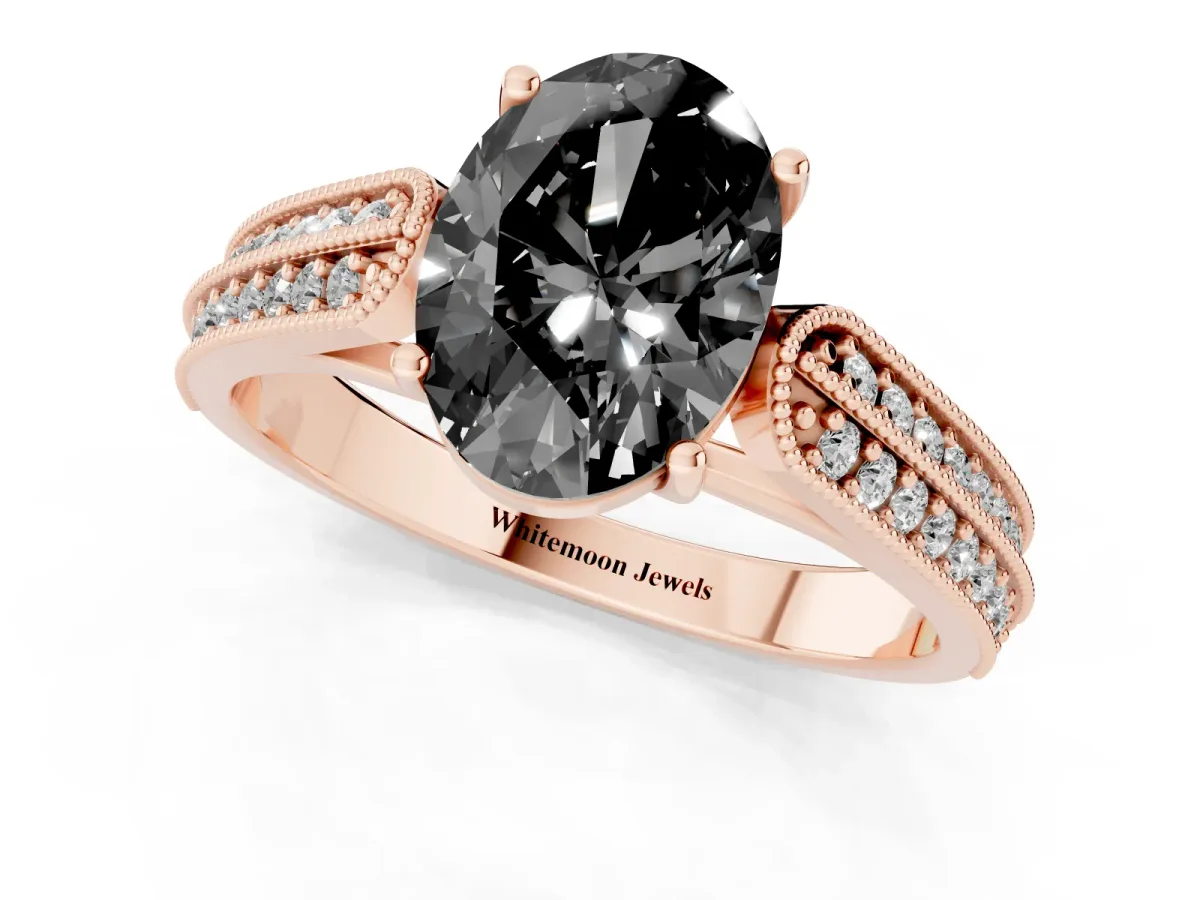Fancy Black Oval Cut Cut Pave Split Shank Engagement Ring with Four-Prong Setting Rose gold