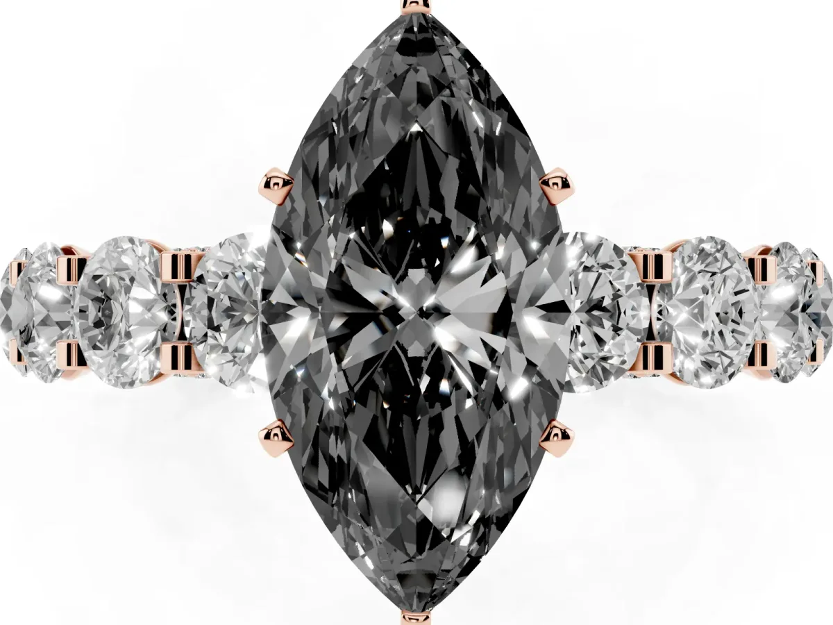 Fancy Black Marquise Cut Diamond Side Stone Engagement Ring with Four-Prong Setting Rose gold