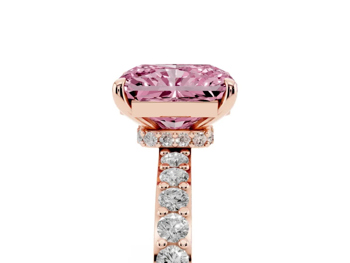 Fancy Pink Radiant Cut Diamond Pavé Engagement Ring with Round Accents and Prong Setting Rose gold
