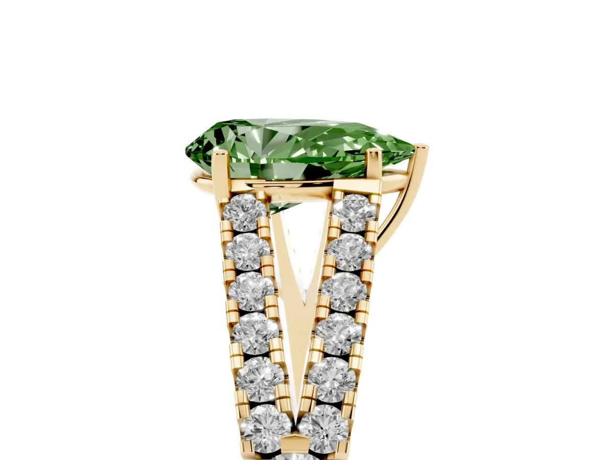 Fancy Green Pear Cut Diamond Split Shank Engagement Ring with Round Pavé and Prong Setting Yellow gold