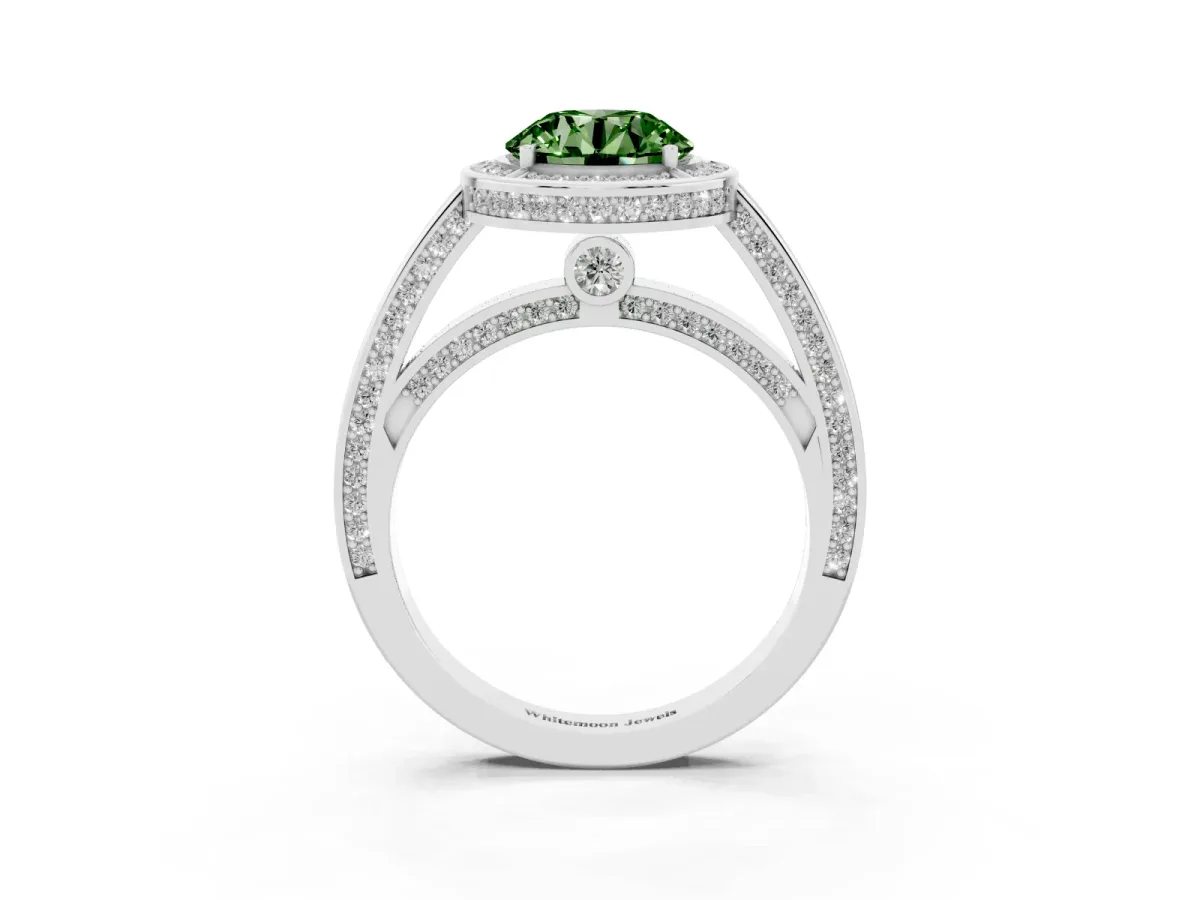 Fancy Green Round Cut Cut Halo Pave Split Shank Prong Setting Ring Silver