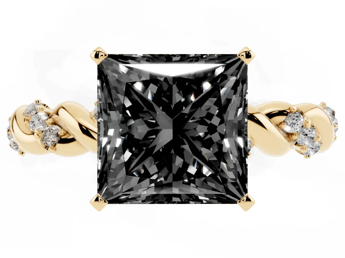 Fancy Black Princess Cut Diamond Solitaire Ring with Twisted Band and Pavé Accents Yellow gold