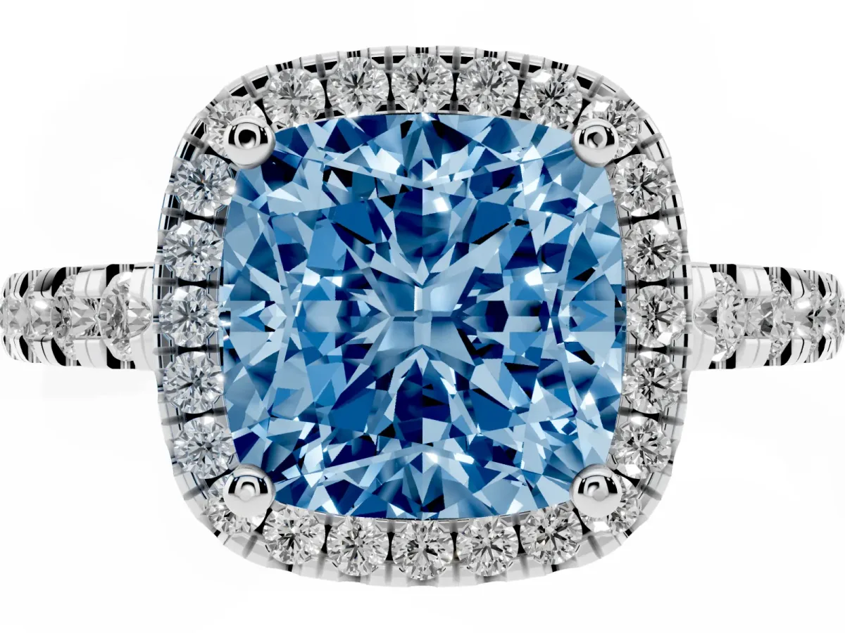 Fancy Blue Cushion Cut Diamond Halo Ring with Pavé Band and Four-Prong Setting White gold