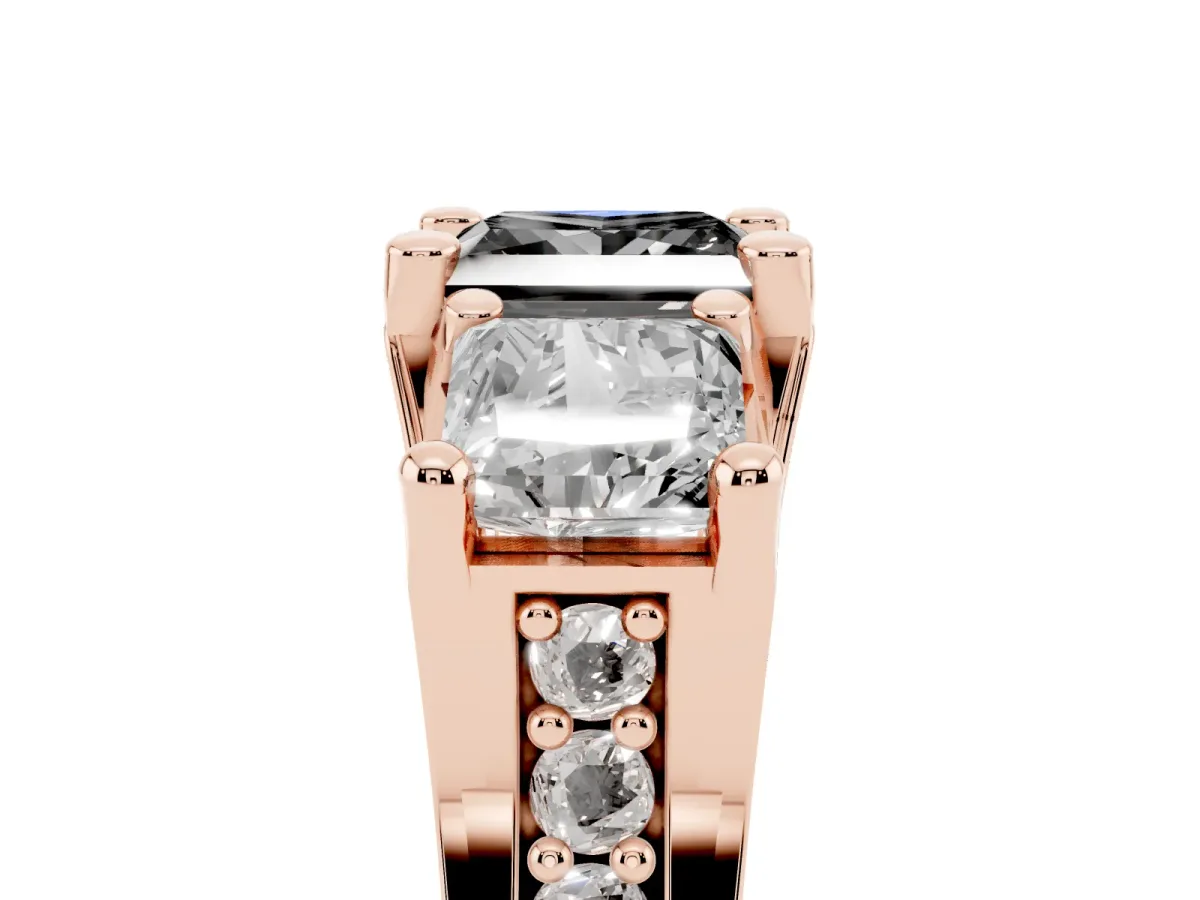 Fancy Black Princess Cut Diamond Three-Stone Ring with Channel Set Band and Four-Prong Setting Rose gold