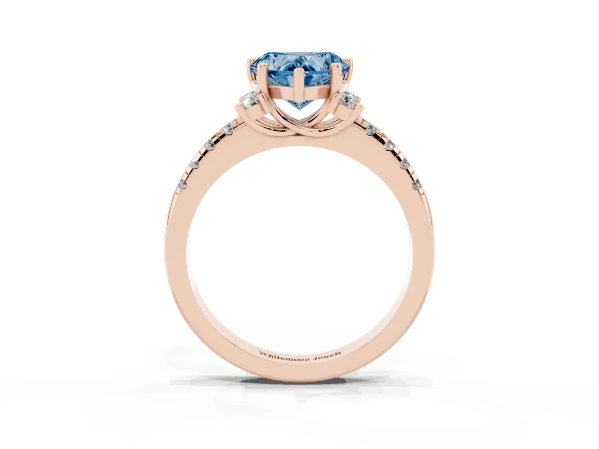 Fancy Blue Heart Cut Diamond Three-Stone Pave Band with Four-Prong Setting Rose gold