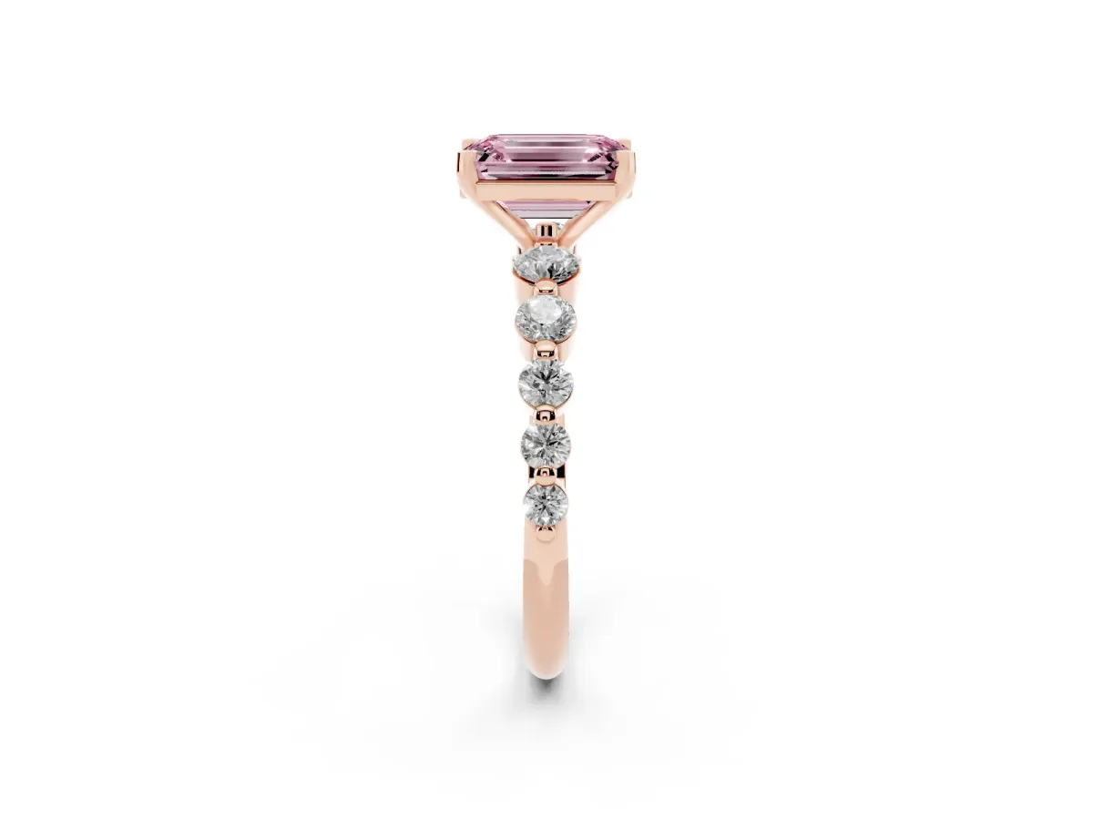 Fancy Pink Emerald Cut Solitaire Diamond Ring with Pave Band and Four-Prong Setting Rose gold