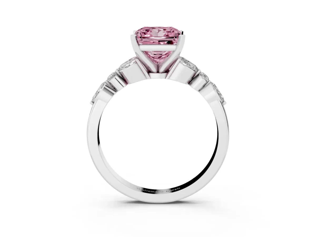 Fancy Pink Princess Cut Diamond Solitaire Ring with Side Stones and Four-Prong Setting Silver