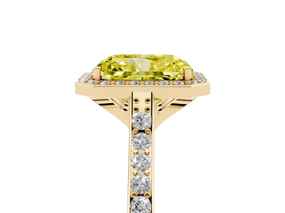 Fancy Yellow Radiant Cut Diamond Halo Engagement Ring with Round Pavé Shoulders and Prong Setting Yellow gold