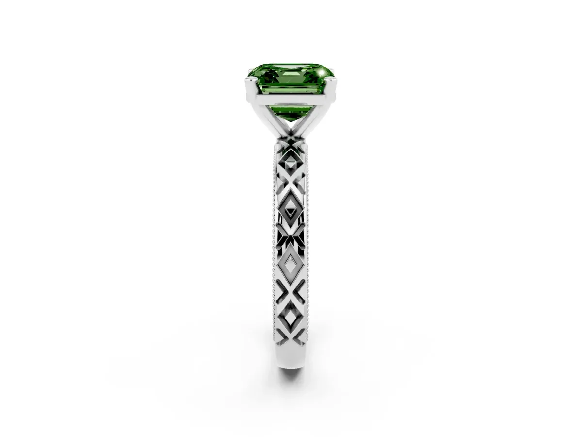 Fancy Green Asscher Cut Solitaire Diamond Ring with Milgrain and Black Enamel X Pattern Band Silver