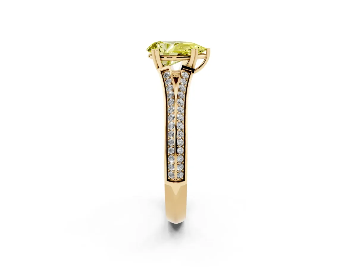 Fancy Yellow Pear Cut Diamond Split Shank Engagement Ring with Pavé Band Yellow gold