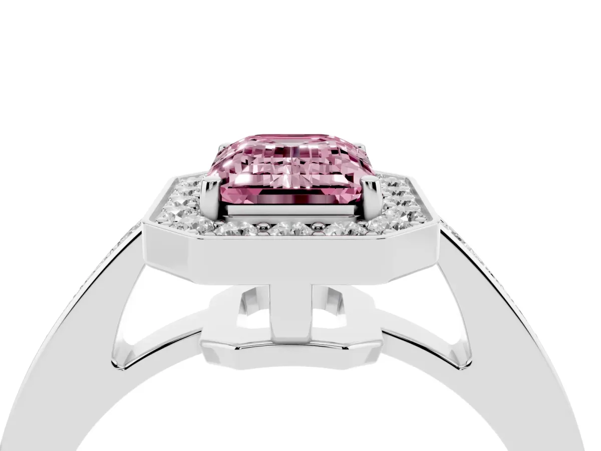 Fancy Pink Emerald Cut Halo Pavé Diamond Engagement Ring with Bezel Setting Silver