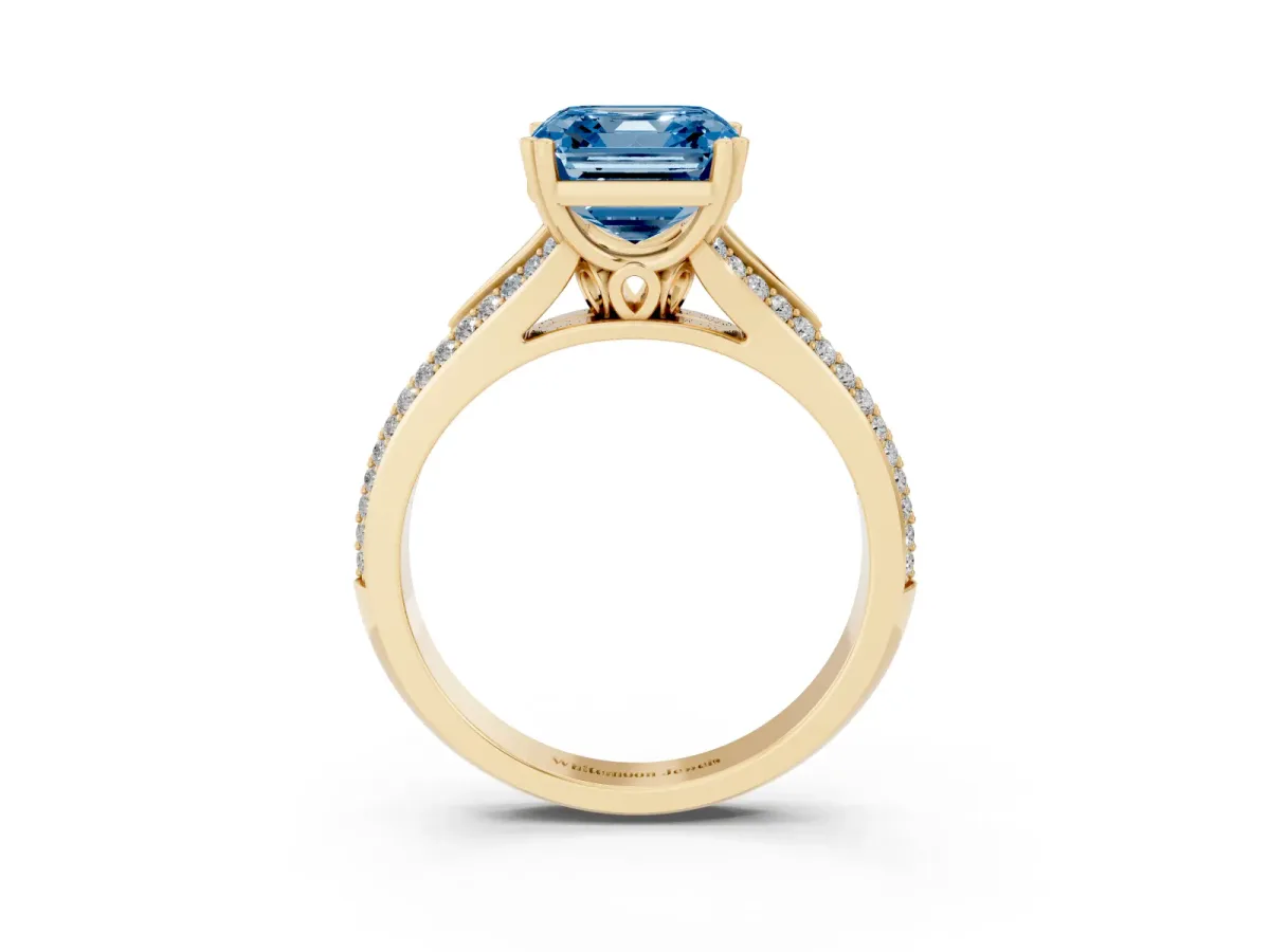 Fancy Blue Asscher Cut Diamond Split Shank Engagement Ring with Pavé Band Yellow gold