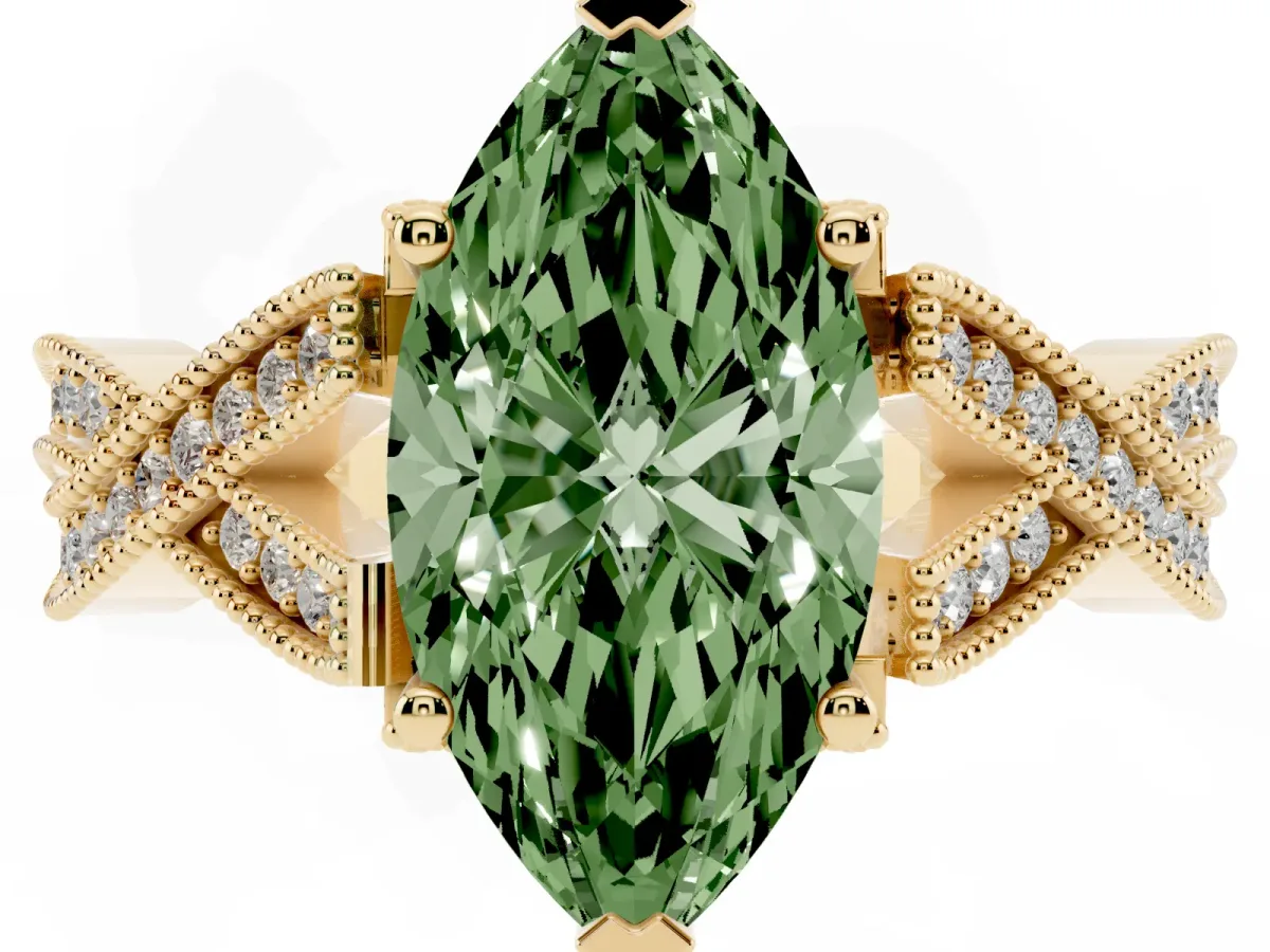 Fancy Green Marquise Cut Cut Diamond Twisted Band with Milgrain Pave Setting and Four-Prong Setting Yellow gold