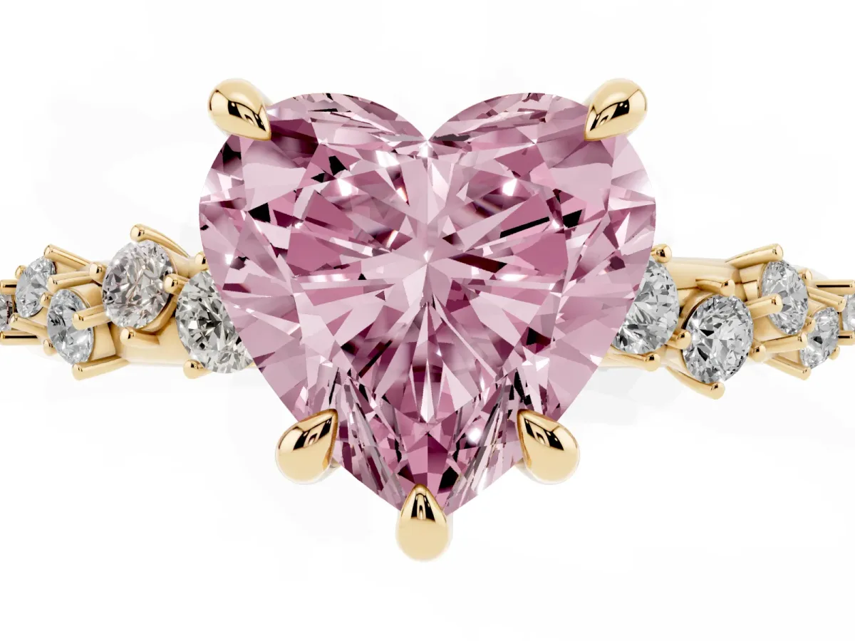 Fancy Pink Heart Cut Cut Diamond Vine Band with Four-Prong Setting Yellow gold