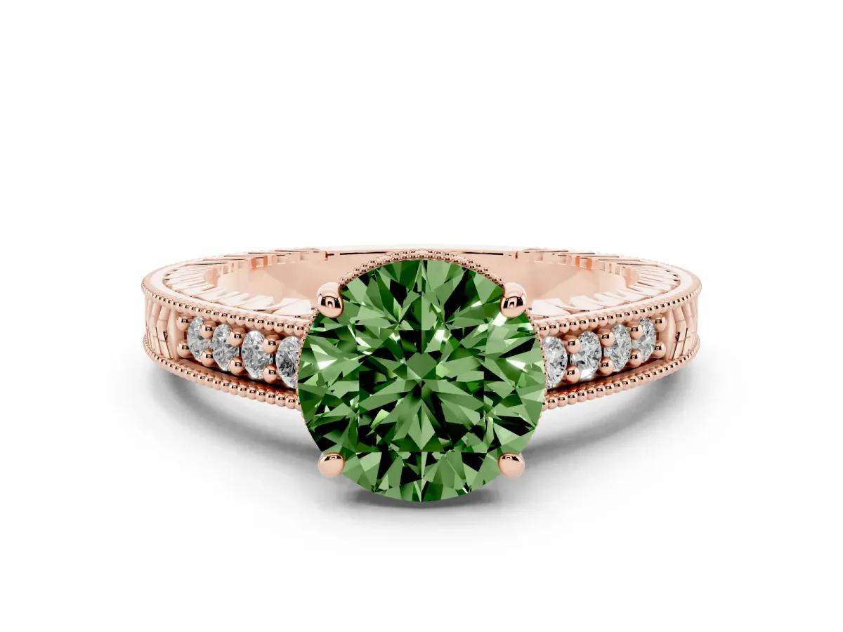 Fancy Green Round Cut Solitaire Pavé Diamond Milgrain Engagement Ring with Four-Prong Setting Rose gold