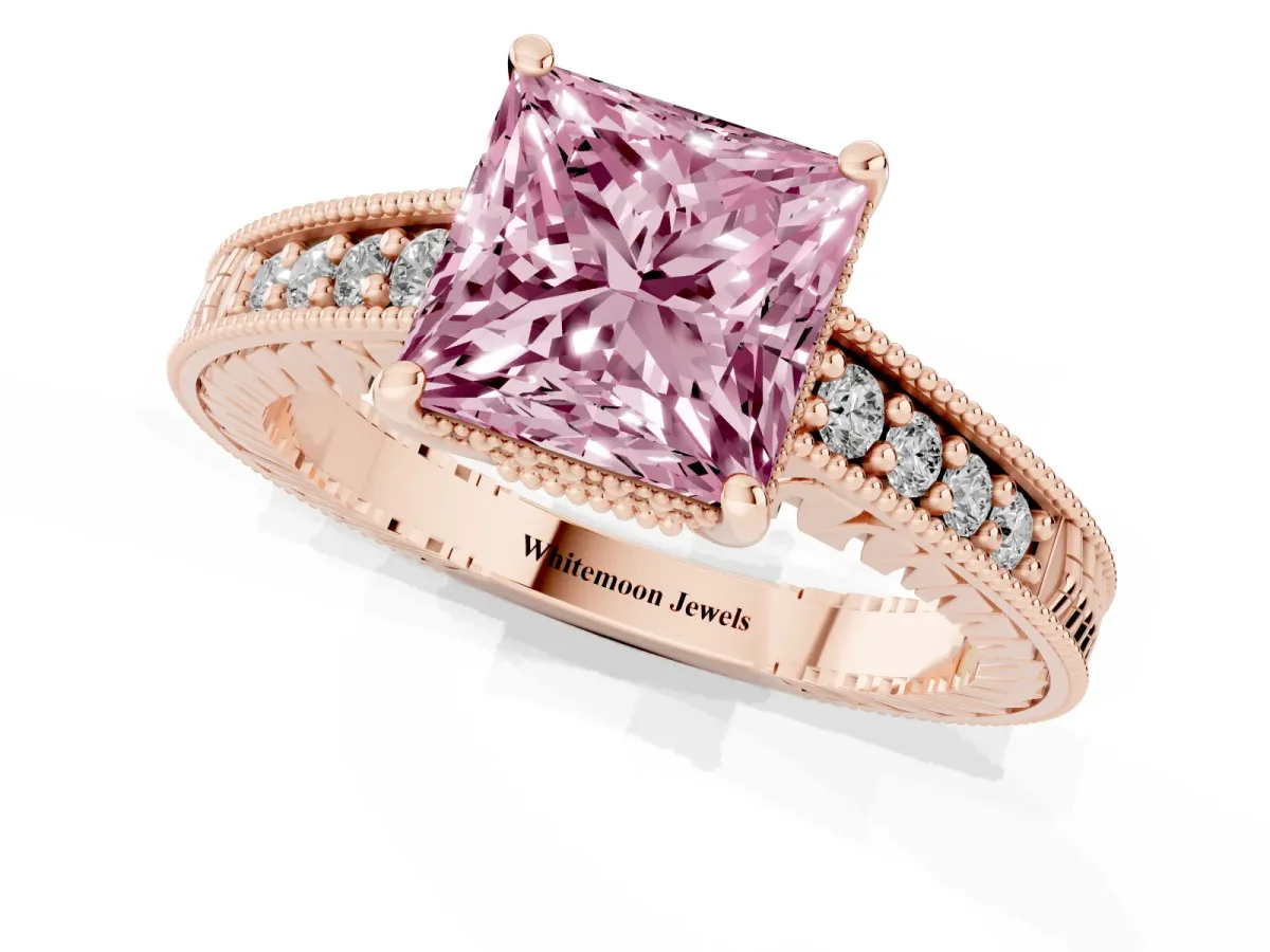 Fancy Pink Princess Cut Solitaire Pavé Diamond Milgrain Engagement Ring with Four-Prong Setting Rose gold